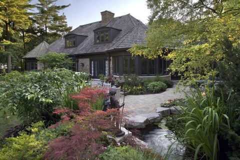 backyard with flower beds around patio