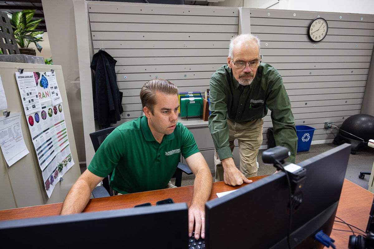 landscape designers looking at computer