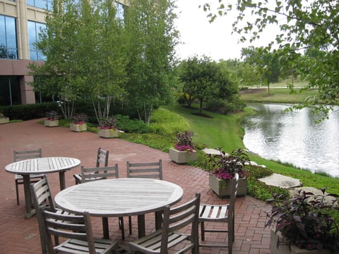 commercial table and potted plants by water Masonry