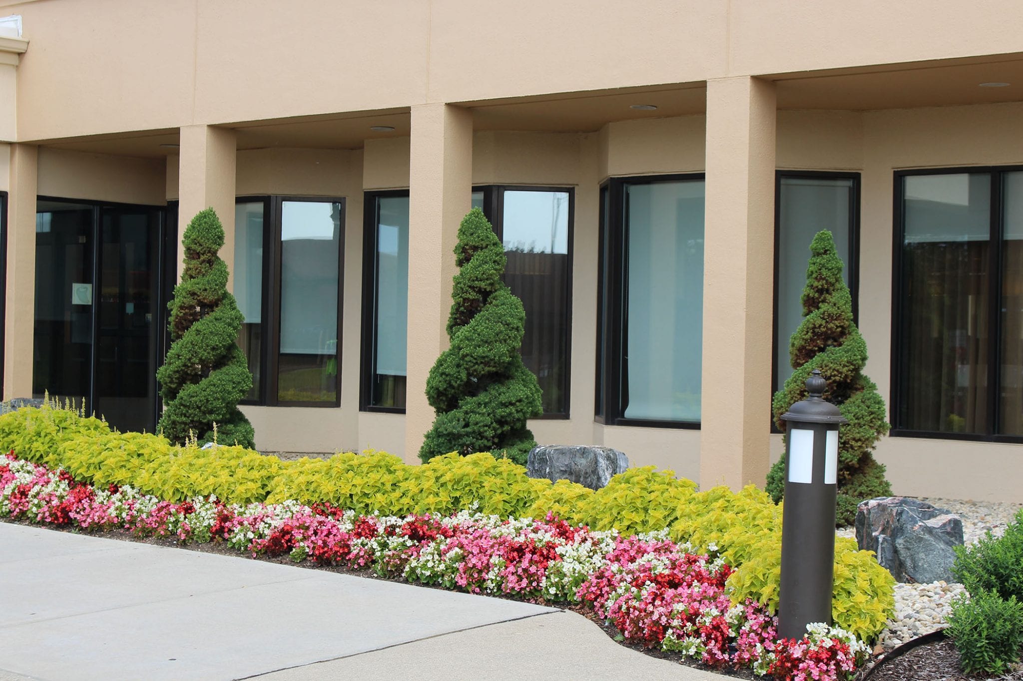 commercial with flowers abd shaped-trees