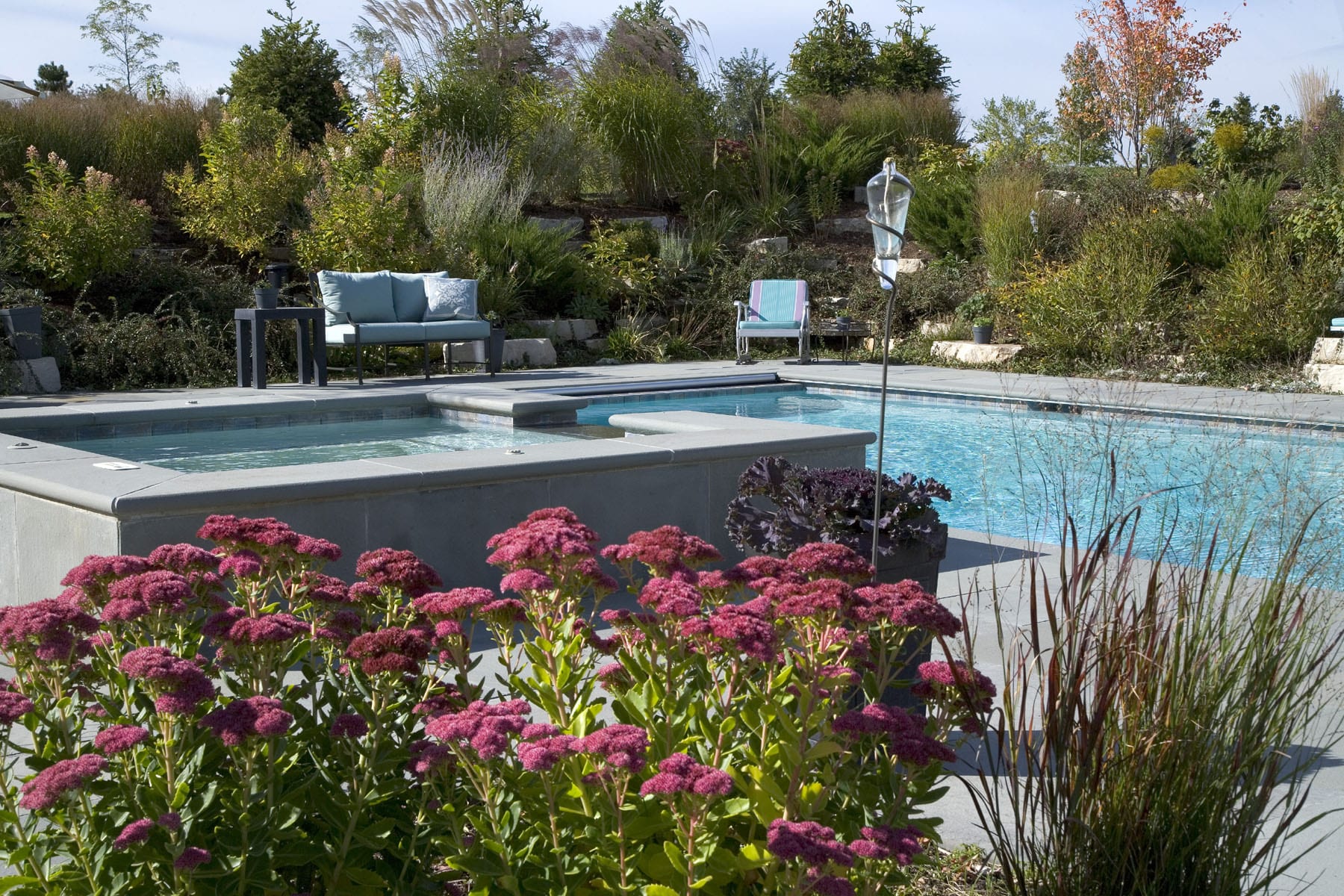 backyard pool and spa with garden beds