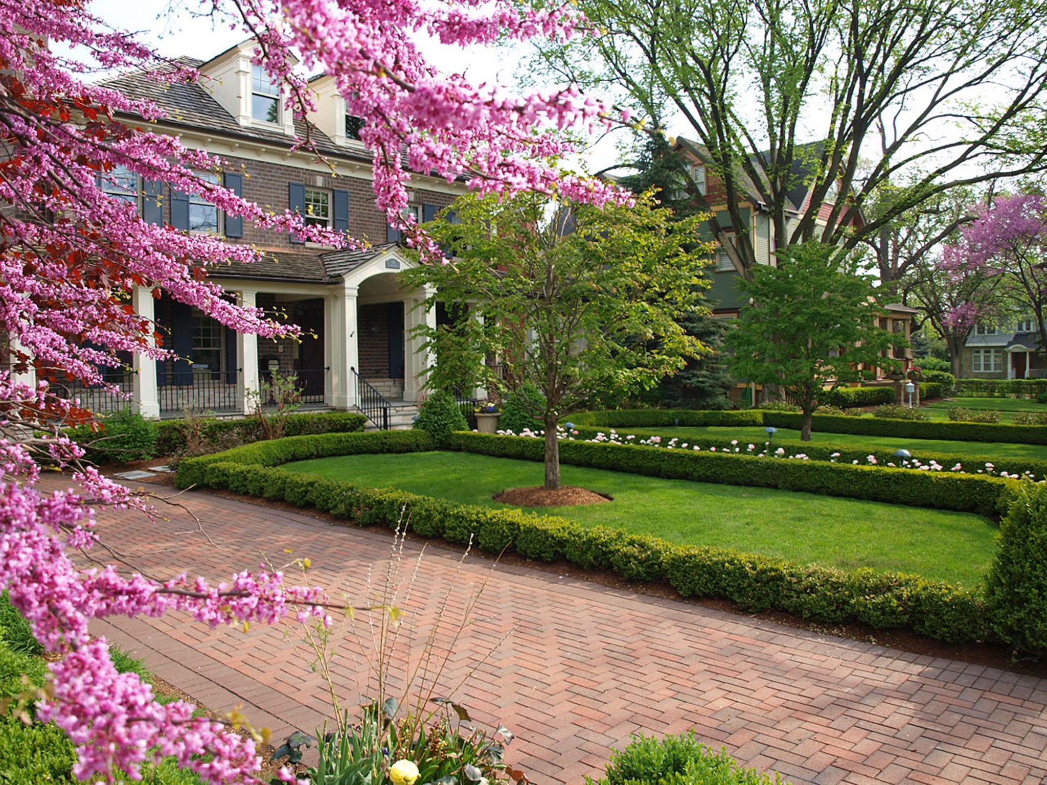 front yard garden with spring blooms