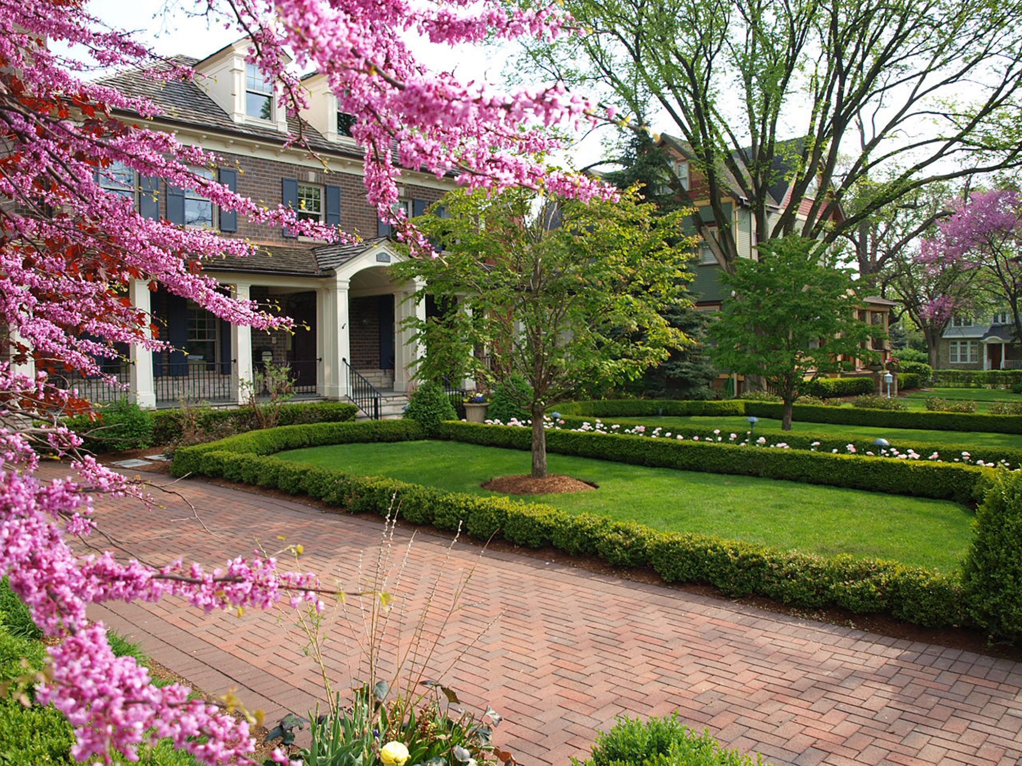 front yard garden with spring blooms 