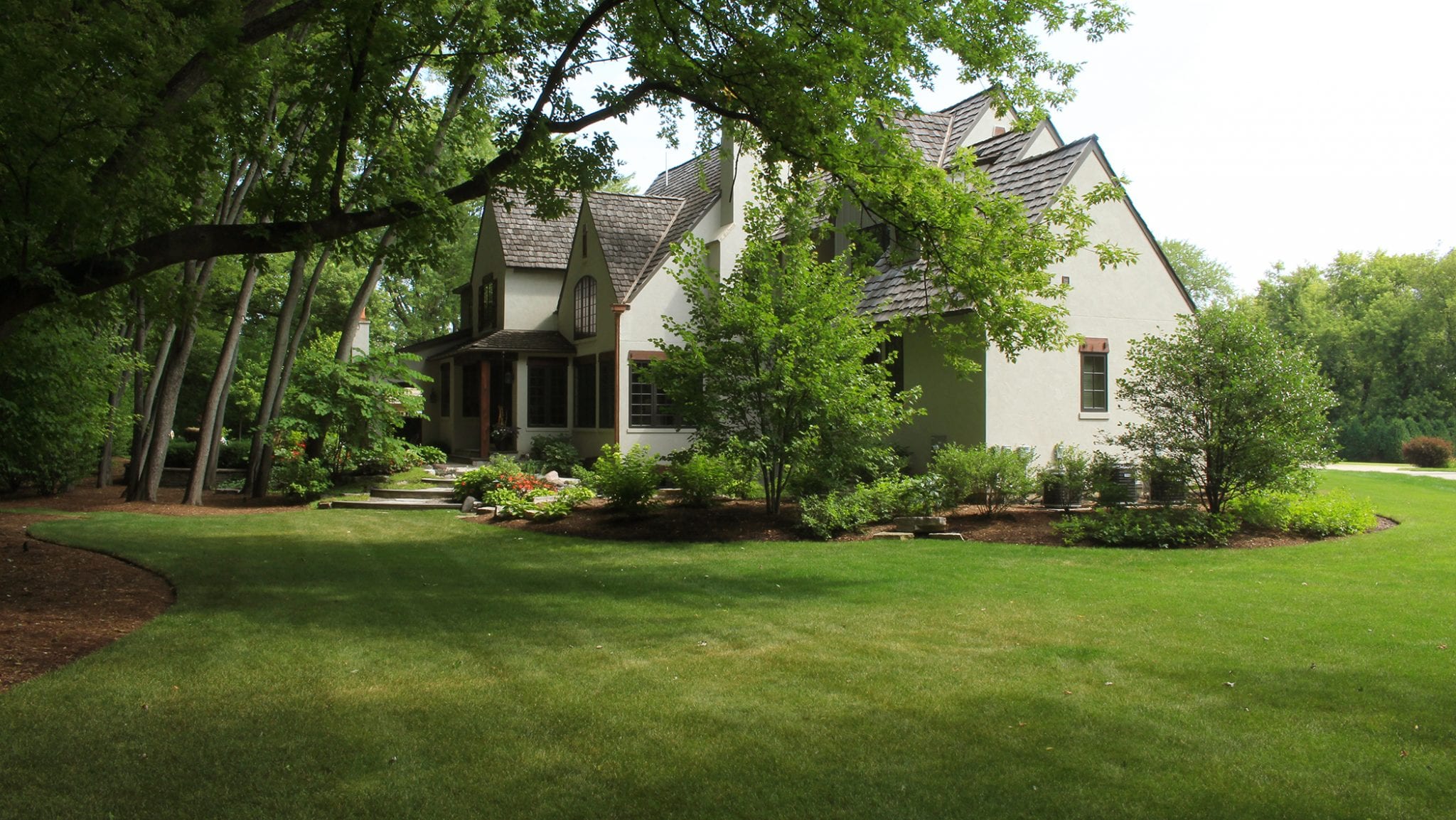 large shaded backyard with green grass