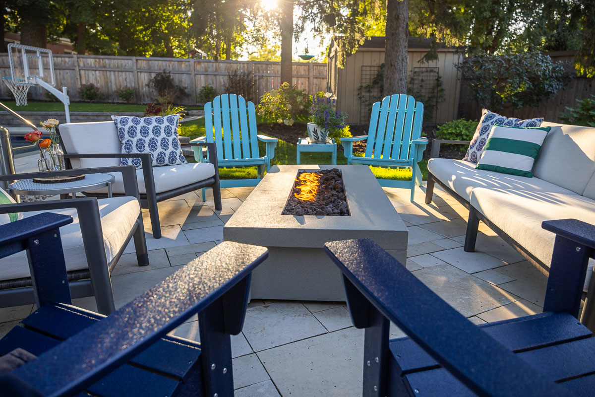 Residential landscape design patio seating and fire feature