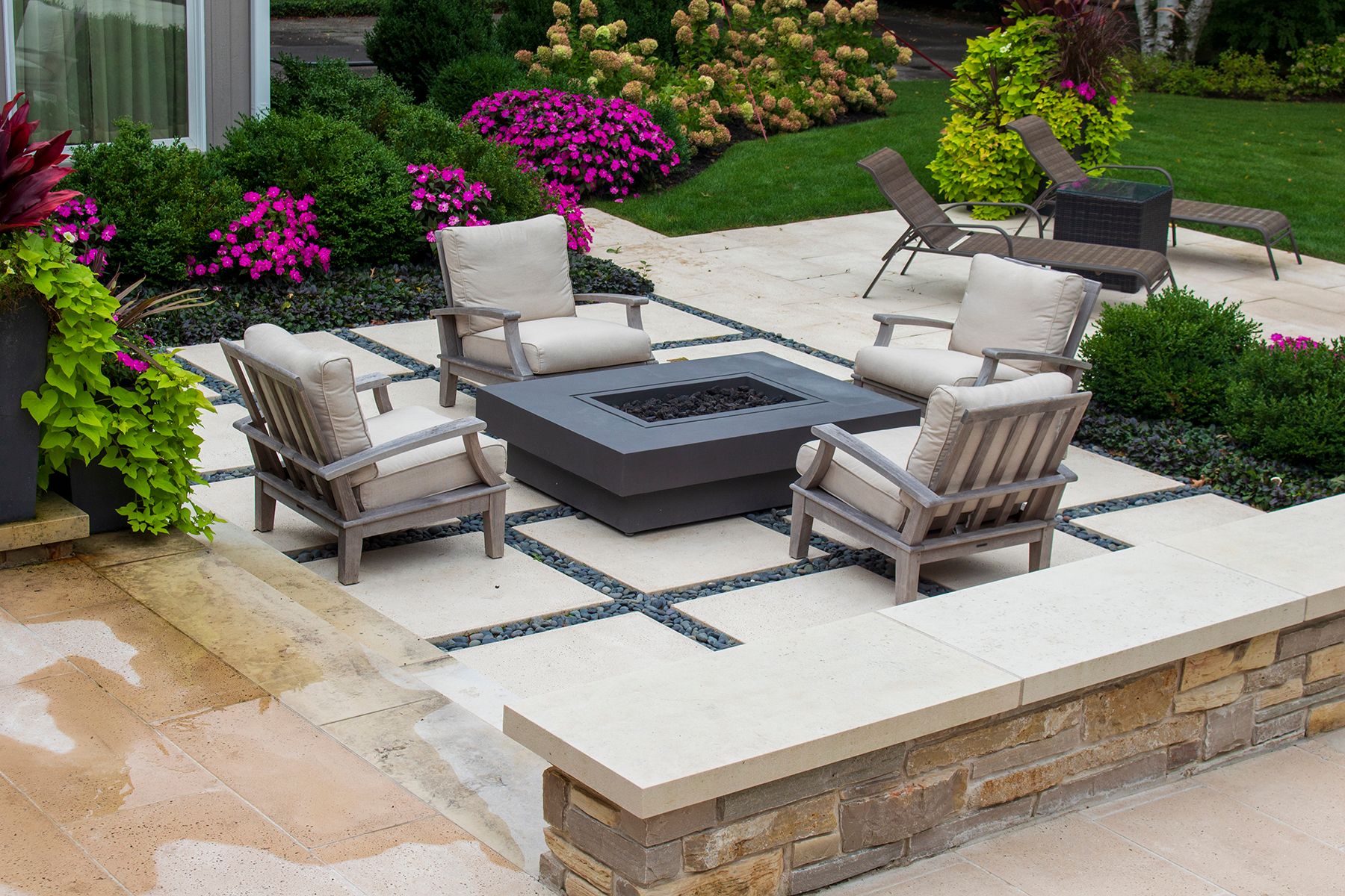 Patio with retaining wall and firepit 