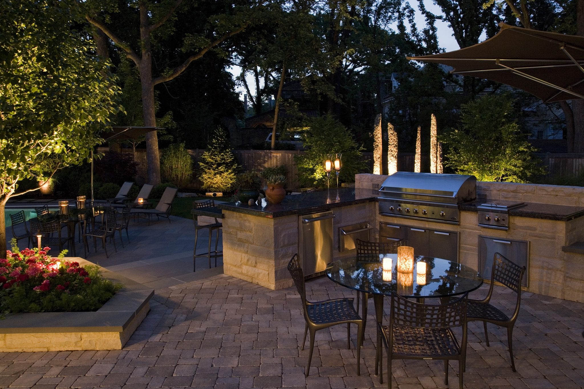 backyard kitchen with outdoor lights 
